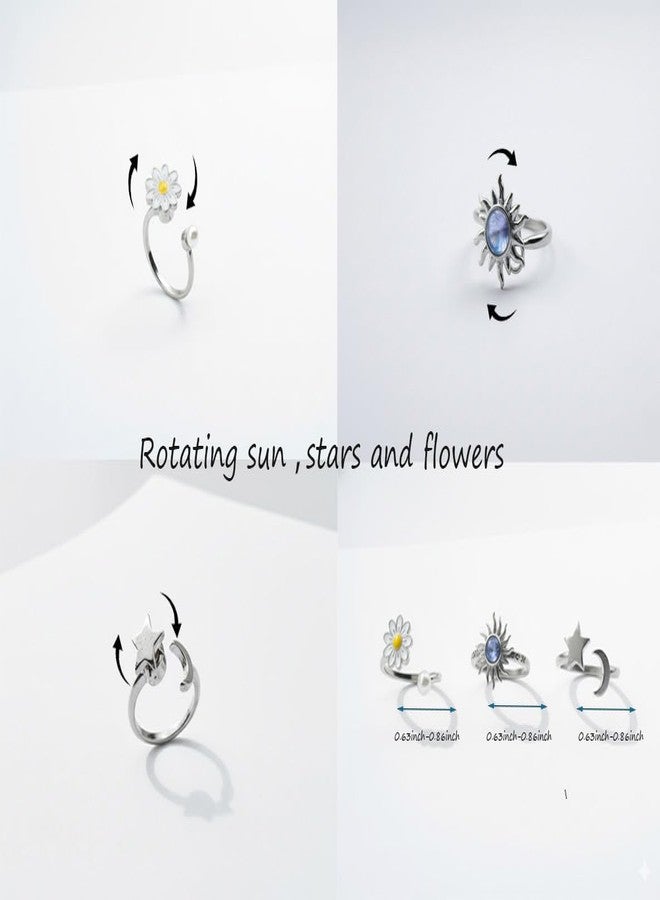nmajnvo 3PCS Fidget Rings for Anxiety Women Adjustable, Sunflower Rotating Ring Set, Anxiety Relief Ring with Beads, Rotating Star for Stress Relief, Silver Plated Open Jewelry Gift - Image 2